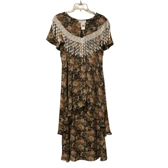 Jessica McClintock Gunne Sax VTG Floral Fringe Ruffle Long Maxi Prairie Dress 10 - Picture 1 of 11